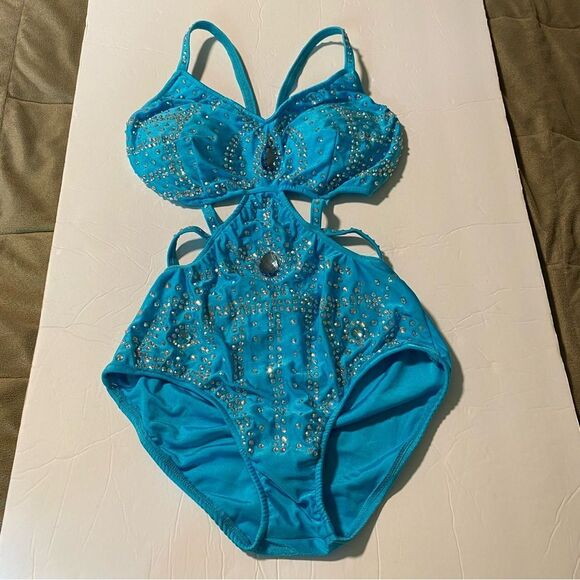 Glamour solo dance costume 5677 rhinestone embellished aqua blue leotard SA - Picture 4 of 14